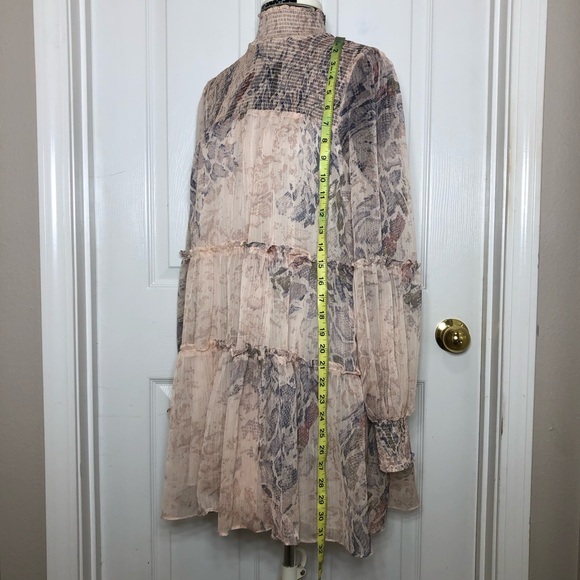 Olivaceous Snakeskin Print Long Sleeve Smoked Tiered Lined Swing Mini Dress M - Picture 15 of 16
